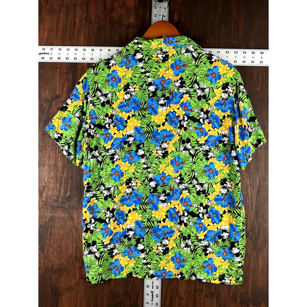 Disney Mickey Mouse Floral Hawaiian Vacation Rayon Shirt Green Blue Mens Medium - Picture 4 of 4